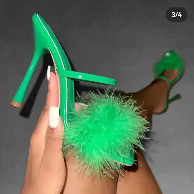 Toe Sexy High Heels Women Shoes Fur Feather Lady Fashion Wedding Slip-On Pink Square Toe Women Sandals