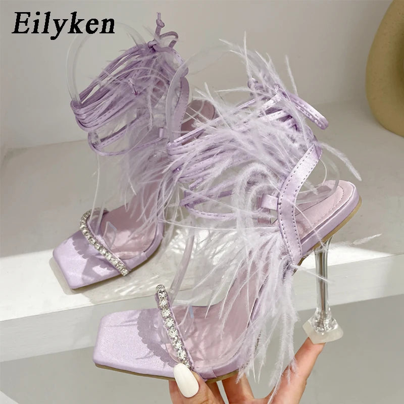 Womens Sandals Fashion Fuzzy Feather Summer Transparent High Heels Sexy Nightclub Stripper Shoes Purple Green