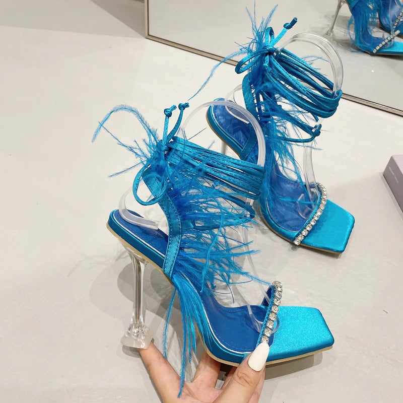 Womens Sandals Fashion Fuzzy Feather Summer Transparent High Heels Sexy Nightclub Stripper Shoes Purple Green