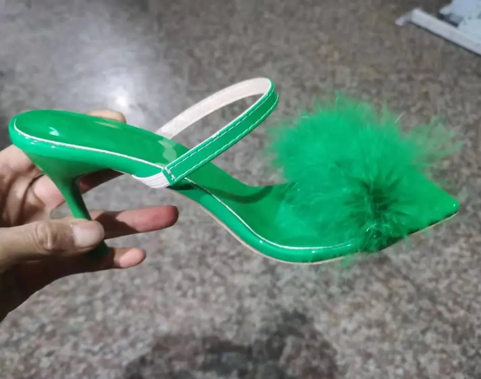 Toe Sexy High Heels Women Shoes Fur Feather Lady Fashion Wedding Slip-On Pink Square Toe Women Sandals