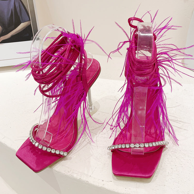 Sexy Rhinestone Feather Women Sandals Lace-up Summer Shoes Ankle Strap Gladiator Squared Toe Thin Heels Size 35-41