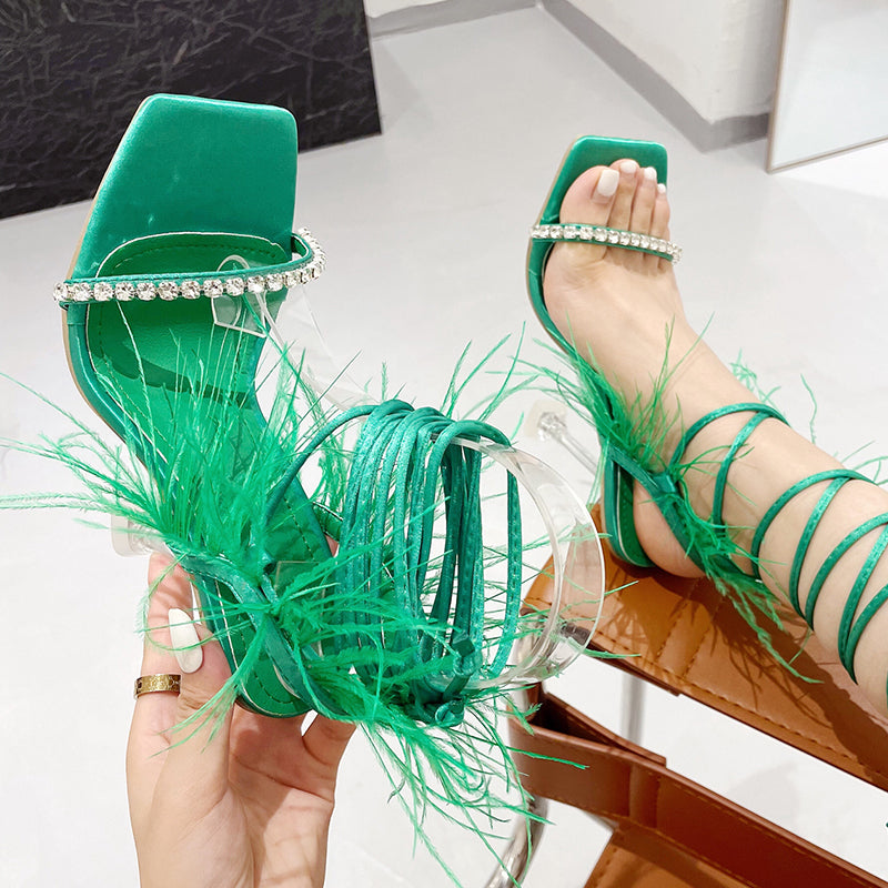 Sexy Rhinestone Feather Women Sandals Lace-up Summer Shoes Ankle Strap Gladiator Squared Toe Thin Heels Size 35-41