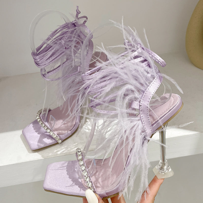 Sexy Rhinestone Feather Women Sandals Lace-up Summer Shoes Ankle Strap Gladiator Squared Toe Thin Heels Size 35-41