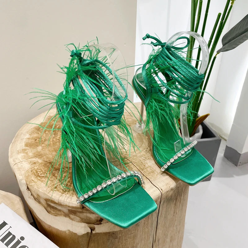 Womens Sandals Fashion Fuzzy Feather Summer Transparent High Heels Sexy Nightclub Stripper Shoes Purple Green