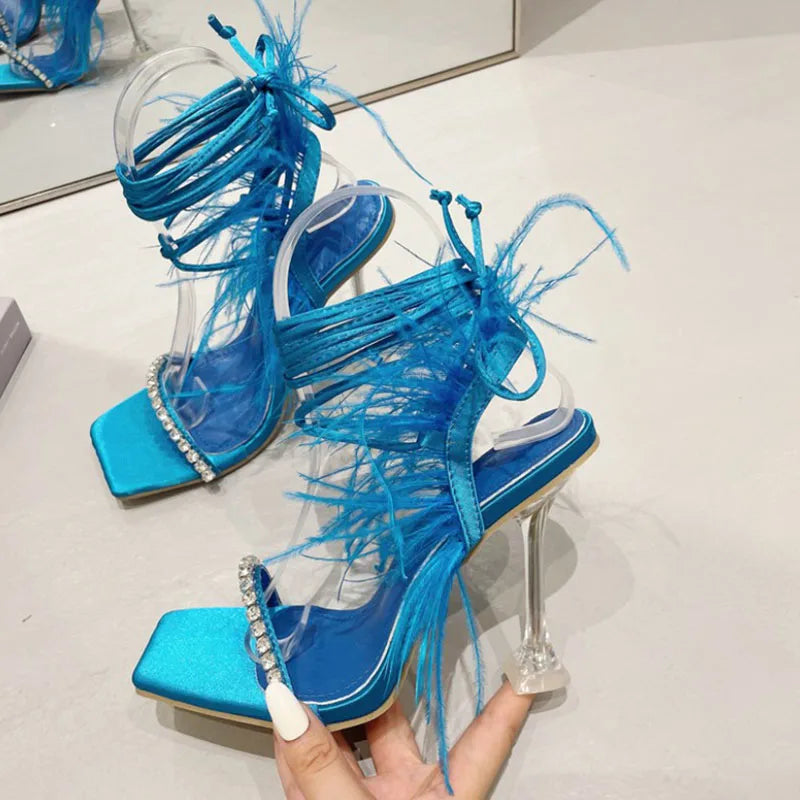 Sexy Rhinestone Feather Women Sandals Lace-up Summer Shoes Ankle Strap Gladiator Squared Toe Thin Heels Size 35-41