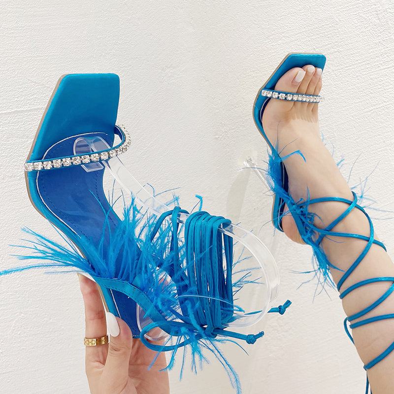 Sexy Rhinestone Feather Women Sandals Lace-up Summer Shoes Ankle Strap Gladiator Squared Toe Thin Heels Size 35-41