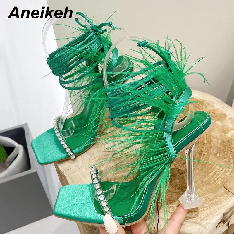 Sexy Rhinestone Feather Women Sandals Lace-up Summer Shoes Ankle Strap Gladiator Squared Toe Thin Heels Size 35-41