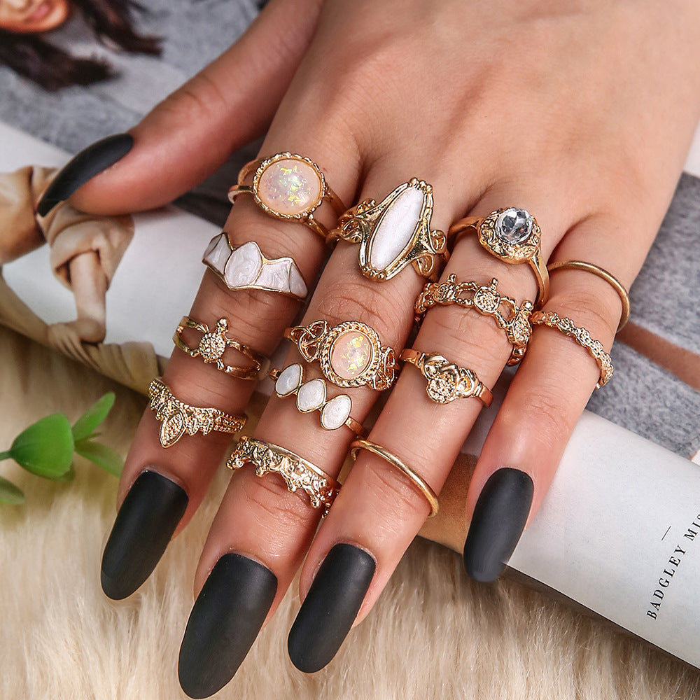 Vintage Diamond Carved Starry Sky Gemstone 14-piece Set