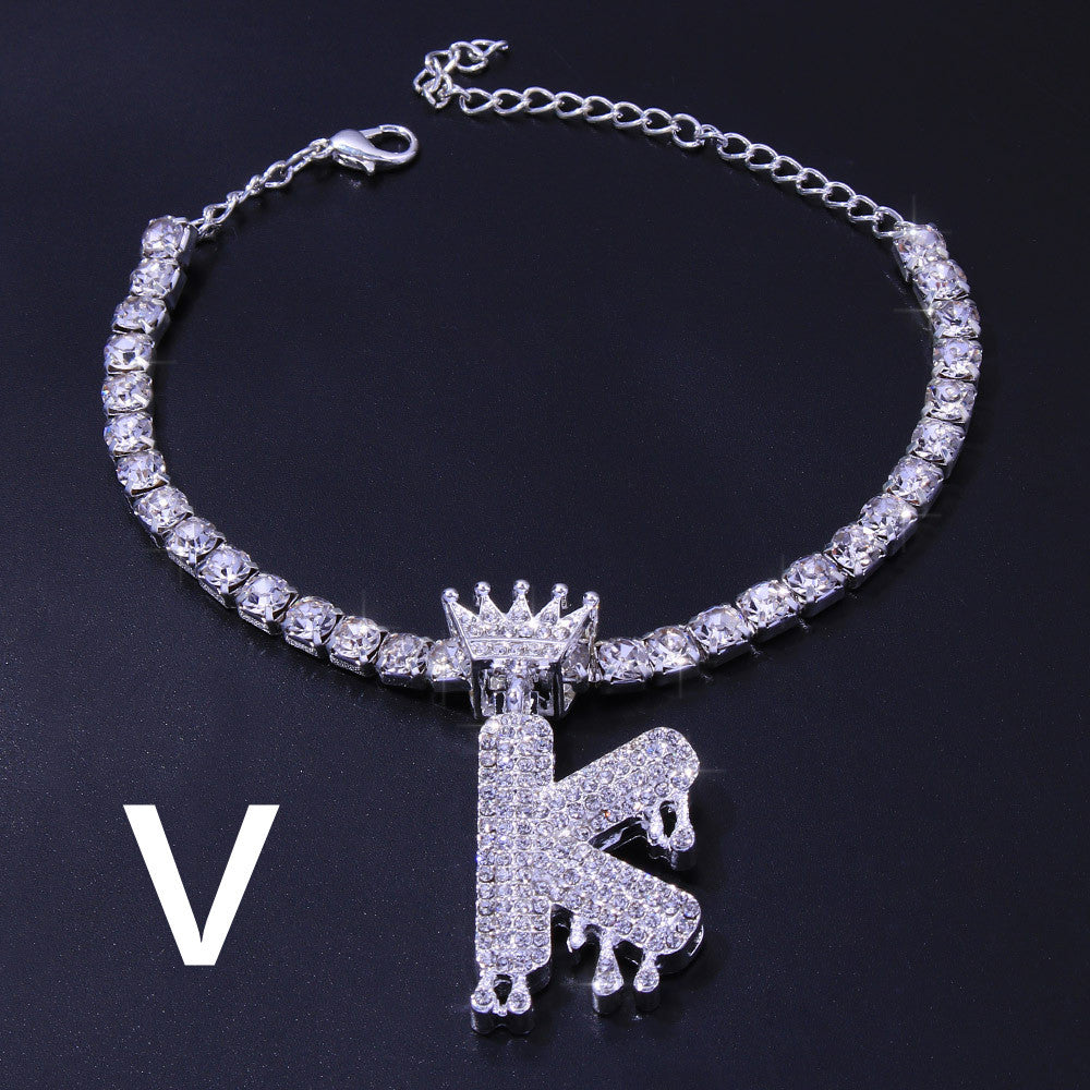 Luxury Hip Hop Pendant Rhinestone Anklet Drop Crown 26 Letter Anklet