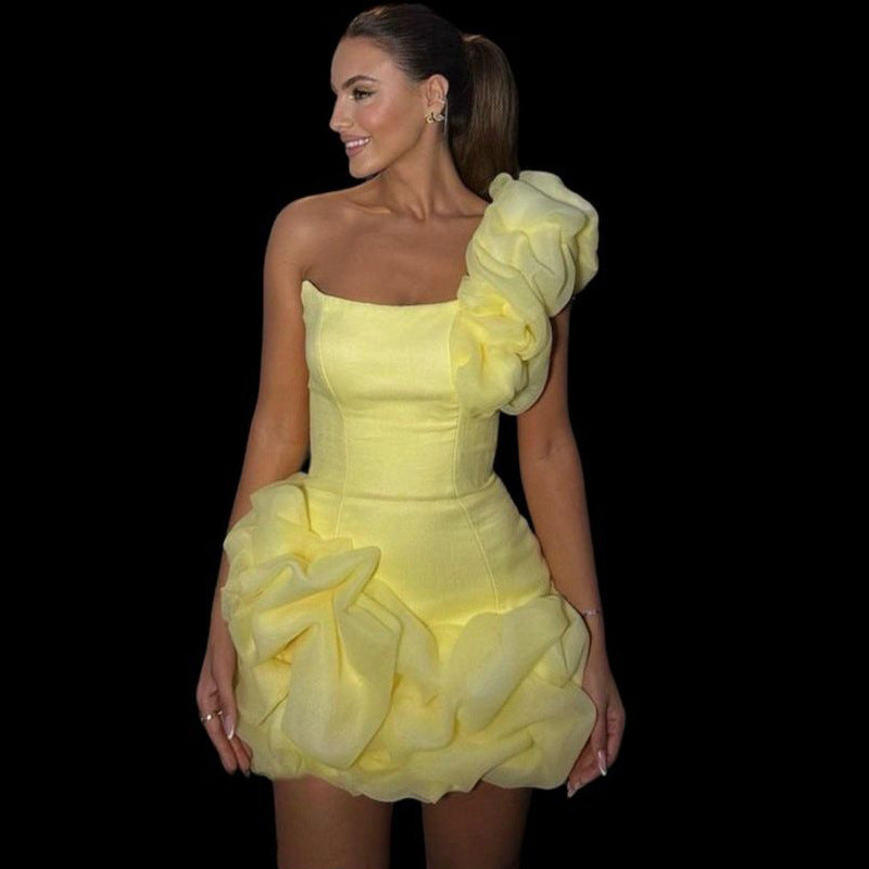High-end And Fashionable Solid Color Pleated Zou Ruffled Party Dress