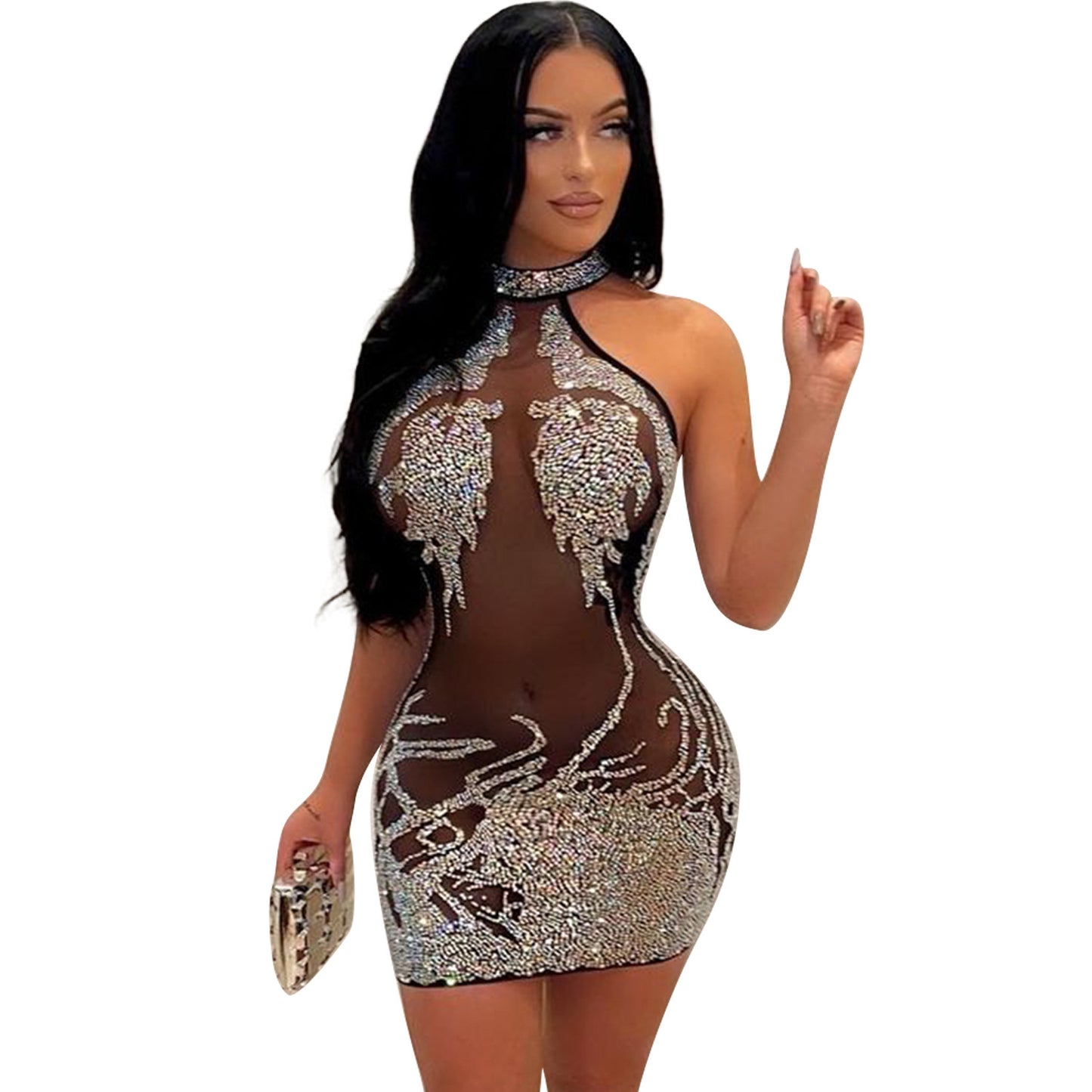 Women's Tight-fitting Mesh Hot-drilled See-through Nightclub Dress