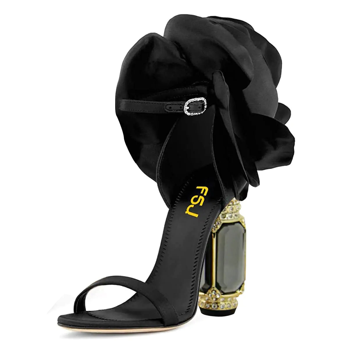 FSJ Women Flower Crystal Chunky Block High Heel Ankle Strap Sandals Open Toe Fashion Dress Evening Party Prom Shoes Size 8 Black Flower