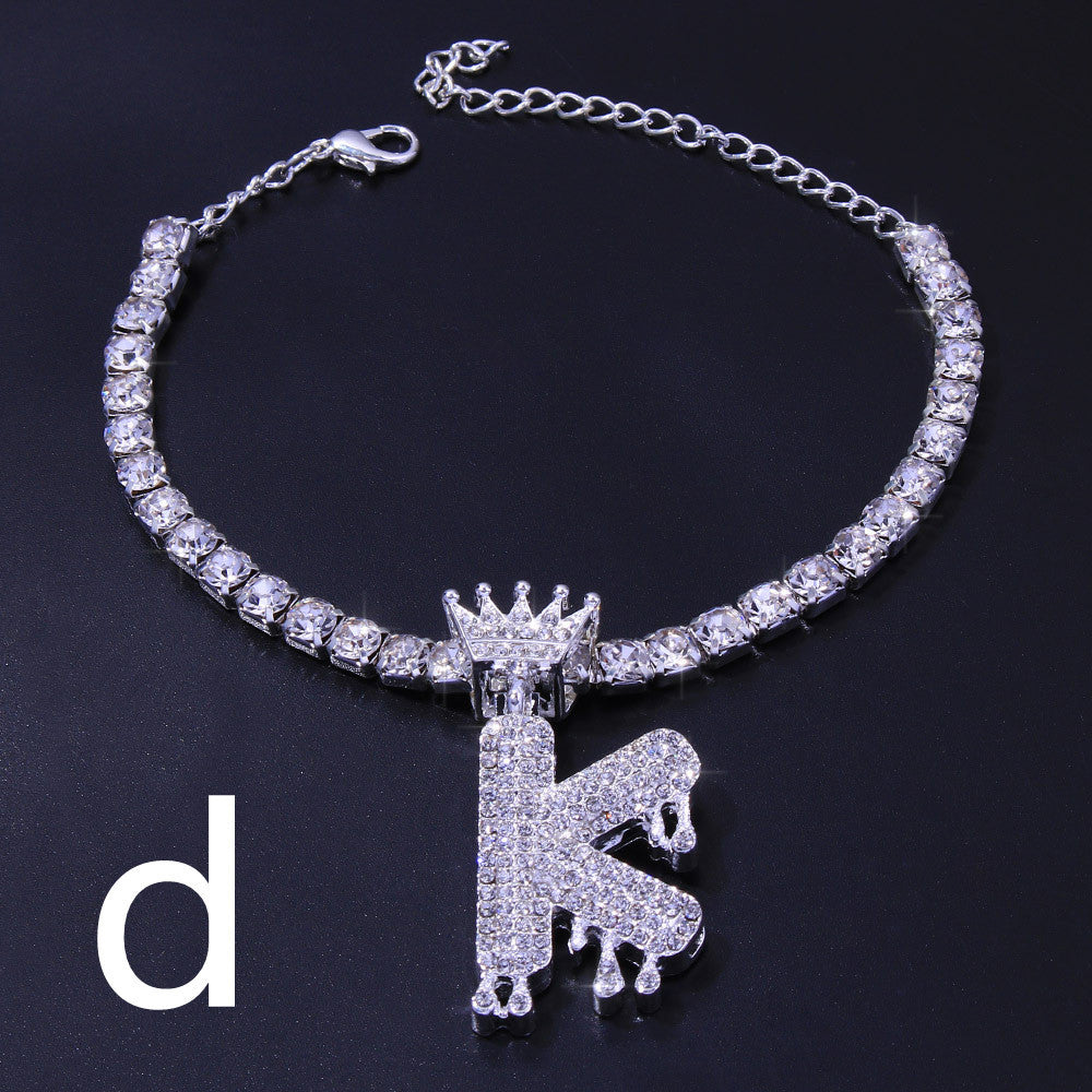 Luxury Hip Hop Pendant Rhinestone Anklet Drop Crown 26 Letter Anklet