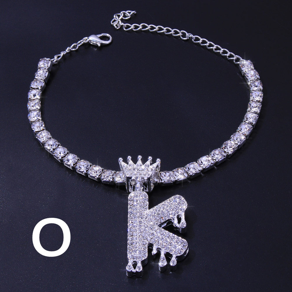 Luxury Hip Hop Pendant Rhinestone Anklet Drop Crown 26 Letter Anklet