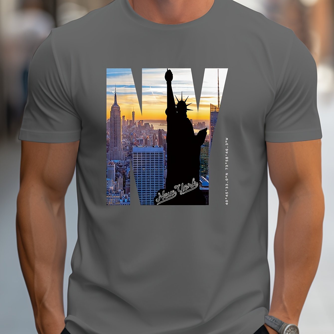 NY Pattern Printed Men's Creative Top, Casual Short Sleeved Round Neck T-shirt, Men's Summer Outdoor Clothing