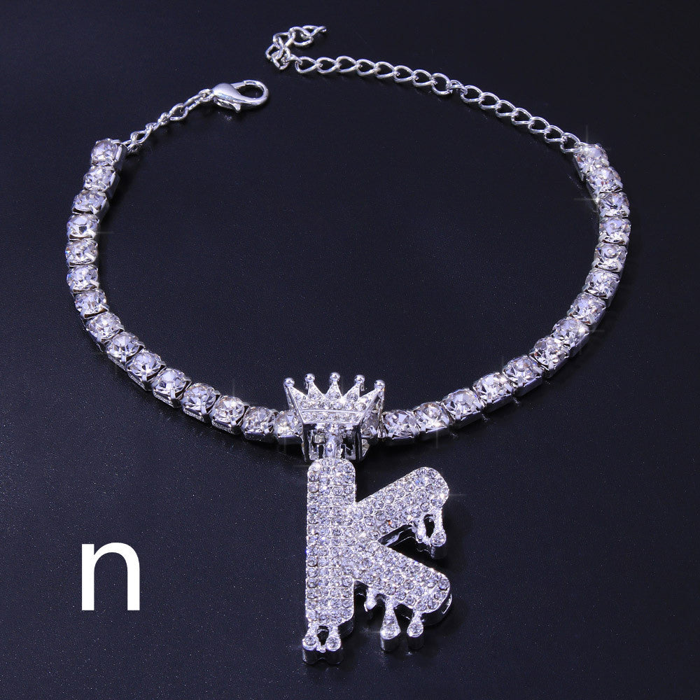 Luxury Hip Hop Pendant Rhinestone Anklet Drop Crown 26 Letter Anklet