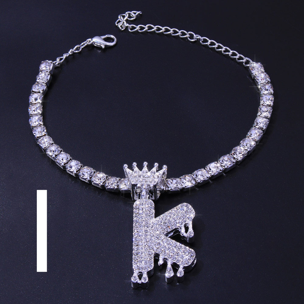Luxury Hip Hop Pendant Rhinestone Anklet Drop Crown 26 Letter Anklet