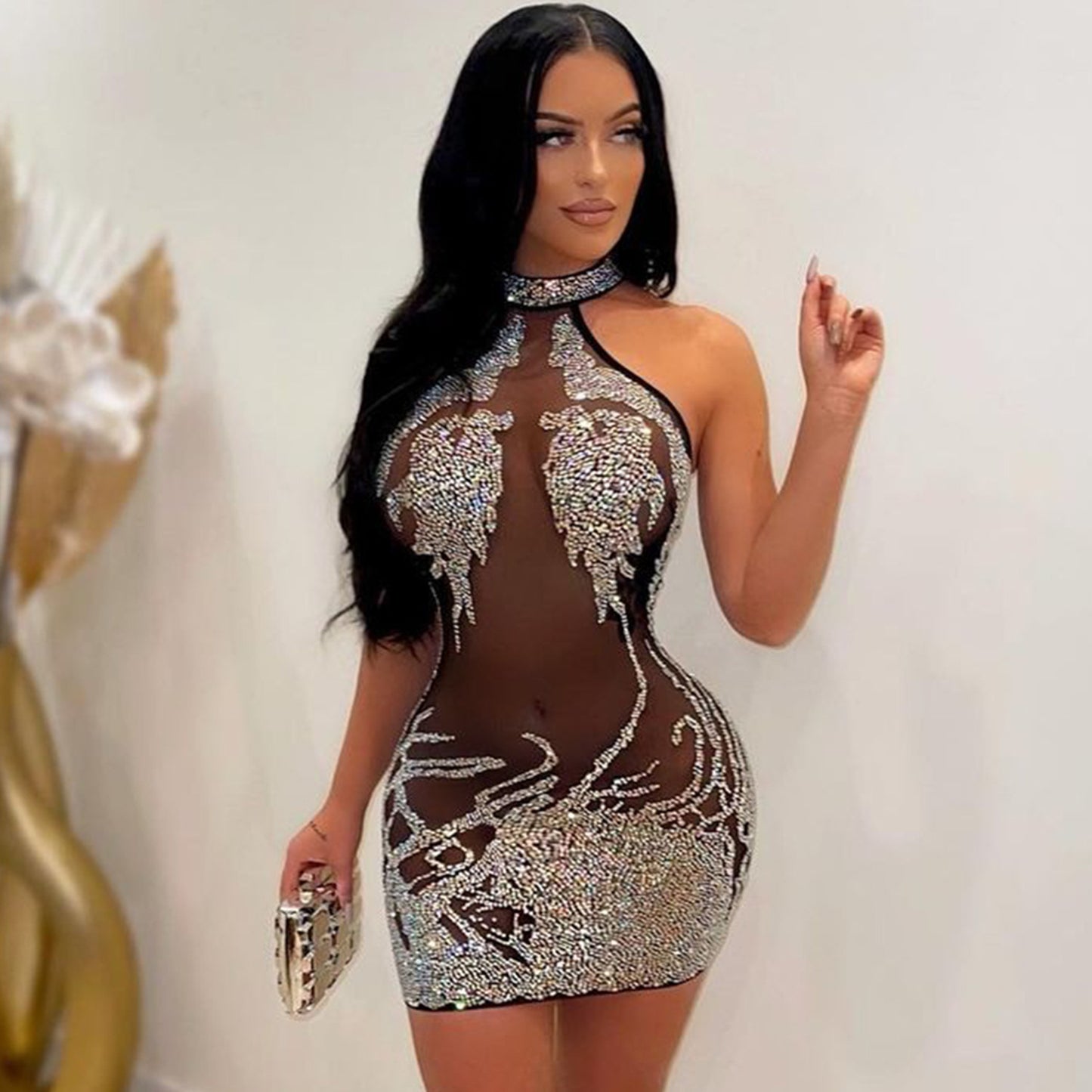 Women's Tight-fitting Mesh Hot-drilled See-through Nightclub Dress
