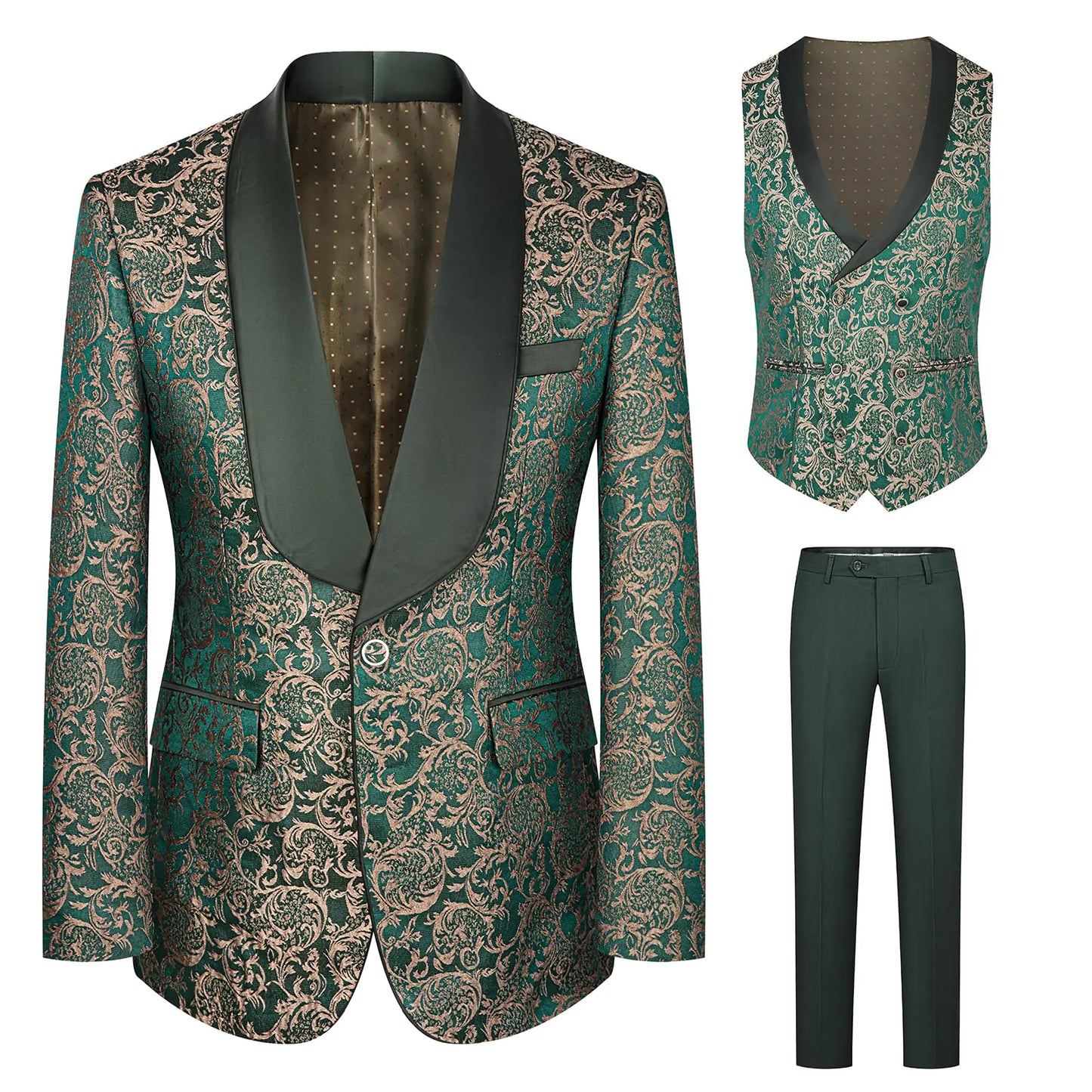 FIXRIMCH Formal Tuxedo Suit for Men Embroidered Paisley Blazer Jacket Vest Pants Set for Wedding PartyDinnerProm Green