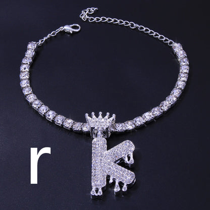 Luxury Hip Hop Pendant Rhinestone Anklet Drop Crown 26 Letter Anklet