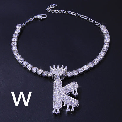 Luxury Hip Hop Pendant Rhinestone Anklet Drop Crown 26 Letter Anklet
