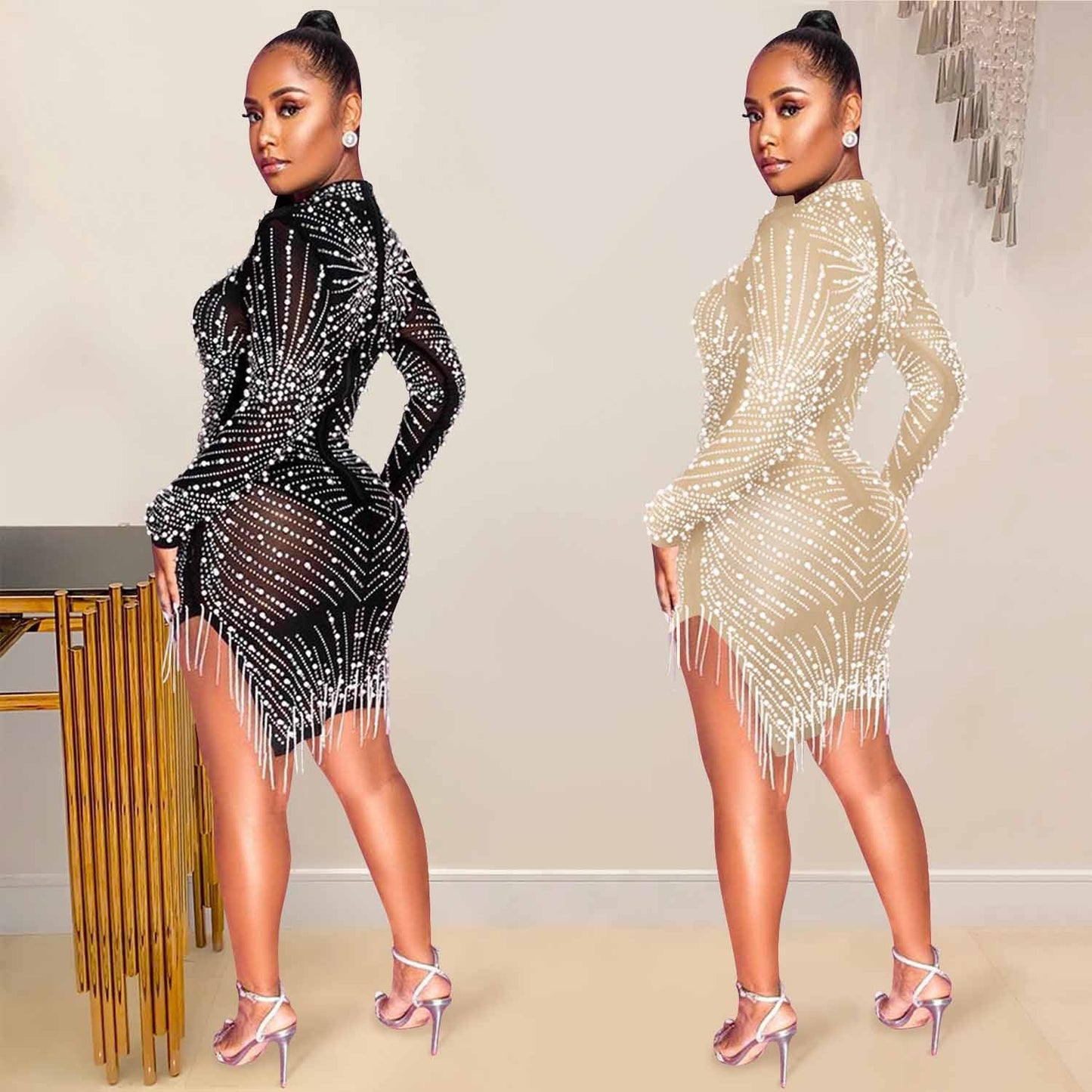 Sexy Nightclub Hot Drilling Mesh See-through Fringed Dress Women