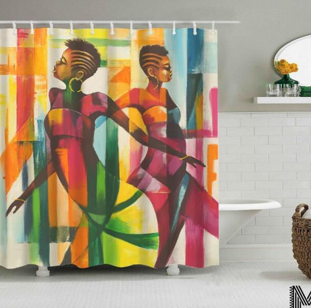 Art Design Graffiti Art Hip Hop African Girl with Black Hair Big Earring with Modern Building Shower Curtain for Bathroom Decor