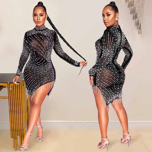 Sexy Nightclub Hot Drilling Mesh See-through Fringed Dress Women