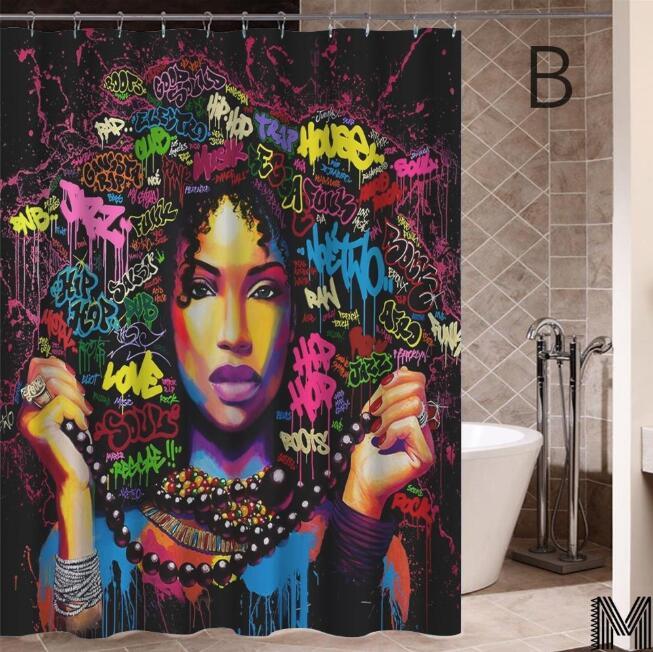 Art Design Graffiti Art Hip Hop African Girl with Black Hair Big Earring with Modern Building Shower Curtain for Bathroom Decor