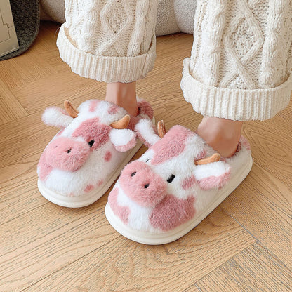 Cute Cartoon Cow Plush Slippers Winter Warm Indoor Bedroom Floor Fuzzy Slipper Couple Non-slip House Shoes