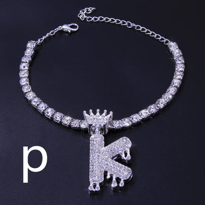 Luxury Hip Hop Pendant Rhinestone Anklet Drop Crown 26 Letter Anklet