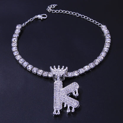 Luxury Hip Hop Pendant Rhinestone Anklet Drop Crown 26 Letter Anklet