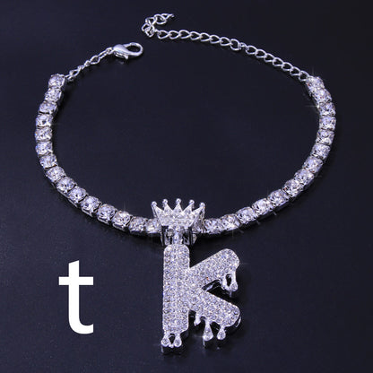 Luxury Hip Hop Pendant Rhinestone Anklet Drop Crown 26 Letter Anklet