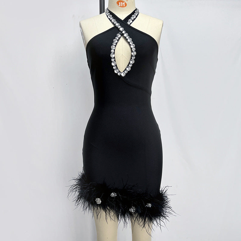 Purple Halter Rhinestone Feather Bandage One-piece Dress