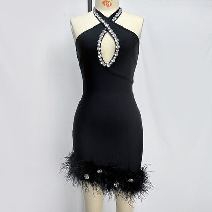 Purple Halter Rhinestone Feather Bandage One-piece Dress