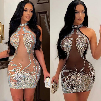 Women's Tight-fitting Mesh Hot-drilled See-through Nightclub Dress