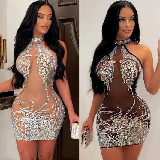 Women's Tight-fitting Mesh Hot-drilled See-through Nightclub Dress
