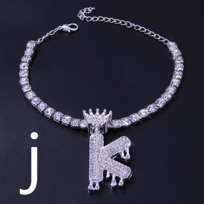 Luxury Hip Hop Pendant Rhinestone Anklet Drop Crown 26 Letter Anklet