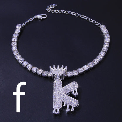Luxury Hip Hop Pendant Rhinestone Anklet Drop Crown 26 Letter Anklet
