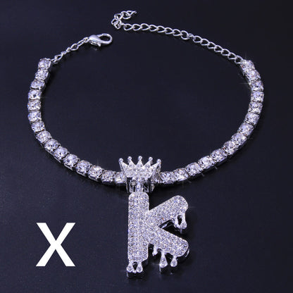 Luxury Hip Hop Pendant Rhinestone Anklet Drop Crown 26 Letter Anklet