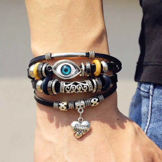 IFMIA Boho Adjustable Eyes Heart Multilayer Leather Bracelet Set for Women Male Charms Ethnic Bracelet Bangles Arm Jewelry New