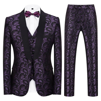 Mens Suits 3 Piece Slim Fit Tuxedo for Men Paisley Suit Prom Tux Shawl Lapel One Button Blazer Vest Pants Set Purple