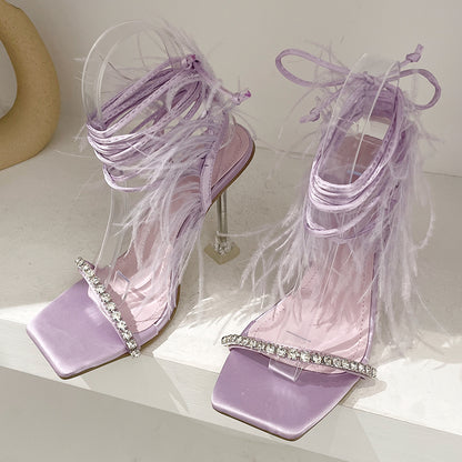 Sexy Rhinestone Feather Women Sandals Lace-up Summer Shoes Ankle Strap Gladiator Squared Toe Thin Heels Size 35-41