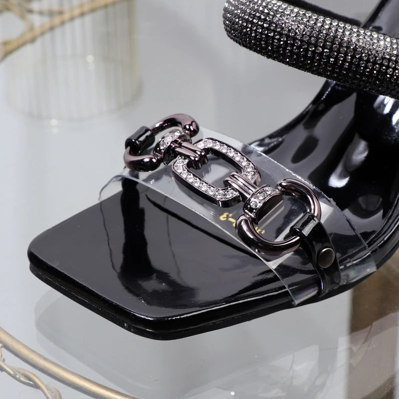 fashion Transparent belt metal decoration box shaped square Alien heel high heels wearing sandals