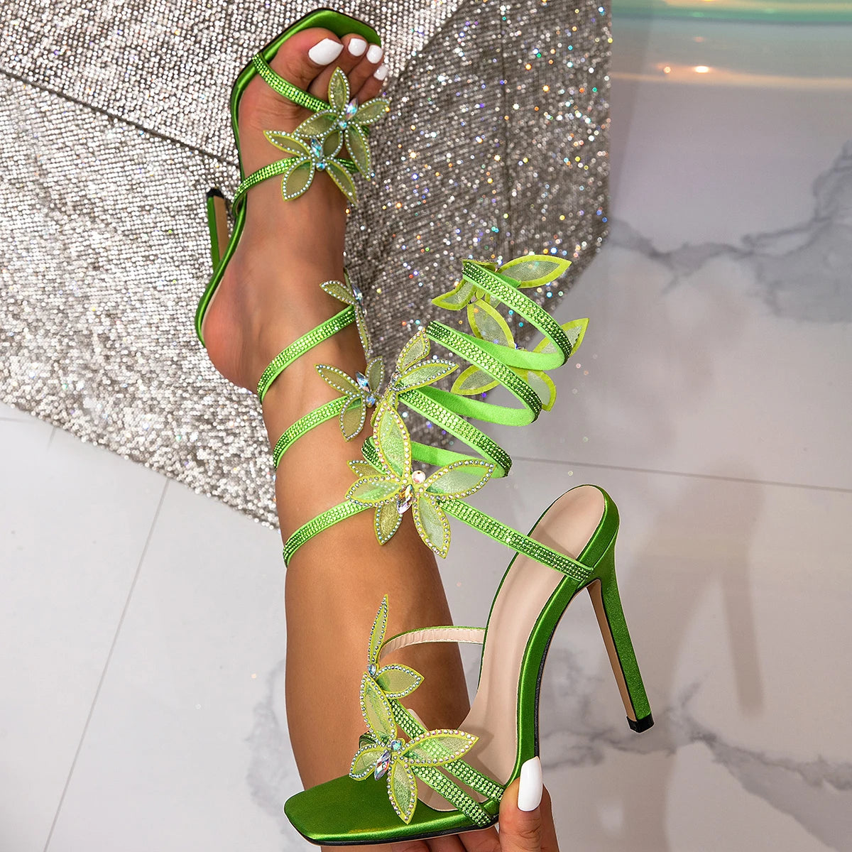 Crystal Butterfly-knot Ankle Strap Woman Sandals Sexy Open Toe Thin High Heels Stripper Party Pumps Shoes