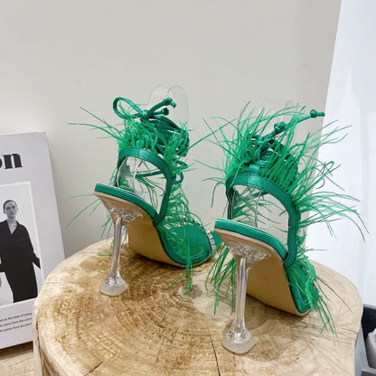 Womens Sandals Fashion Fuzzy Feather Summer Transparent High Heels Sexy Nightclub Stripper Shoes Purple Green