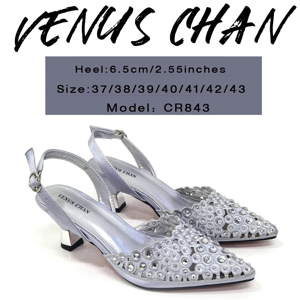 Venus Chan 2024 Latest High Heel Gold Color Atmospheric Luxury Pattern With Rhinestones Party Ladies Shoes And Bag Set