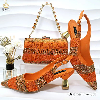 Nigerian Women Heel Party Ladies Italian Design Green Shoes And Bag Set Decorated with Rhinestone Handbag Wedding Party