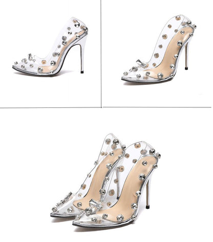 Sexy Rivet Crystal Women Pumps PVC Transparent High Heels Sexy Nightclub Prom Female Sandals Party Wedding Shoes 35~42