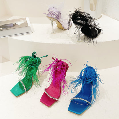 Sexy Rhinestone Feather Women Sandals Lace-up Summer Shoes Ankle Strap Gladiator Squared Toe Thin Heels Size 35-41